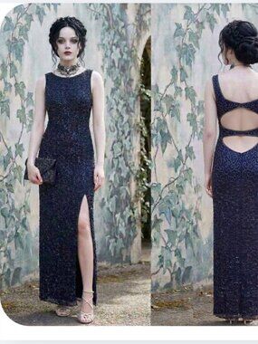 VTG Cache Maxi Prom Dress Blue Silk Beaded Scoop Back Sheath 90s Y2k B: 32-34" S